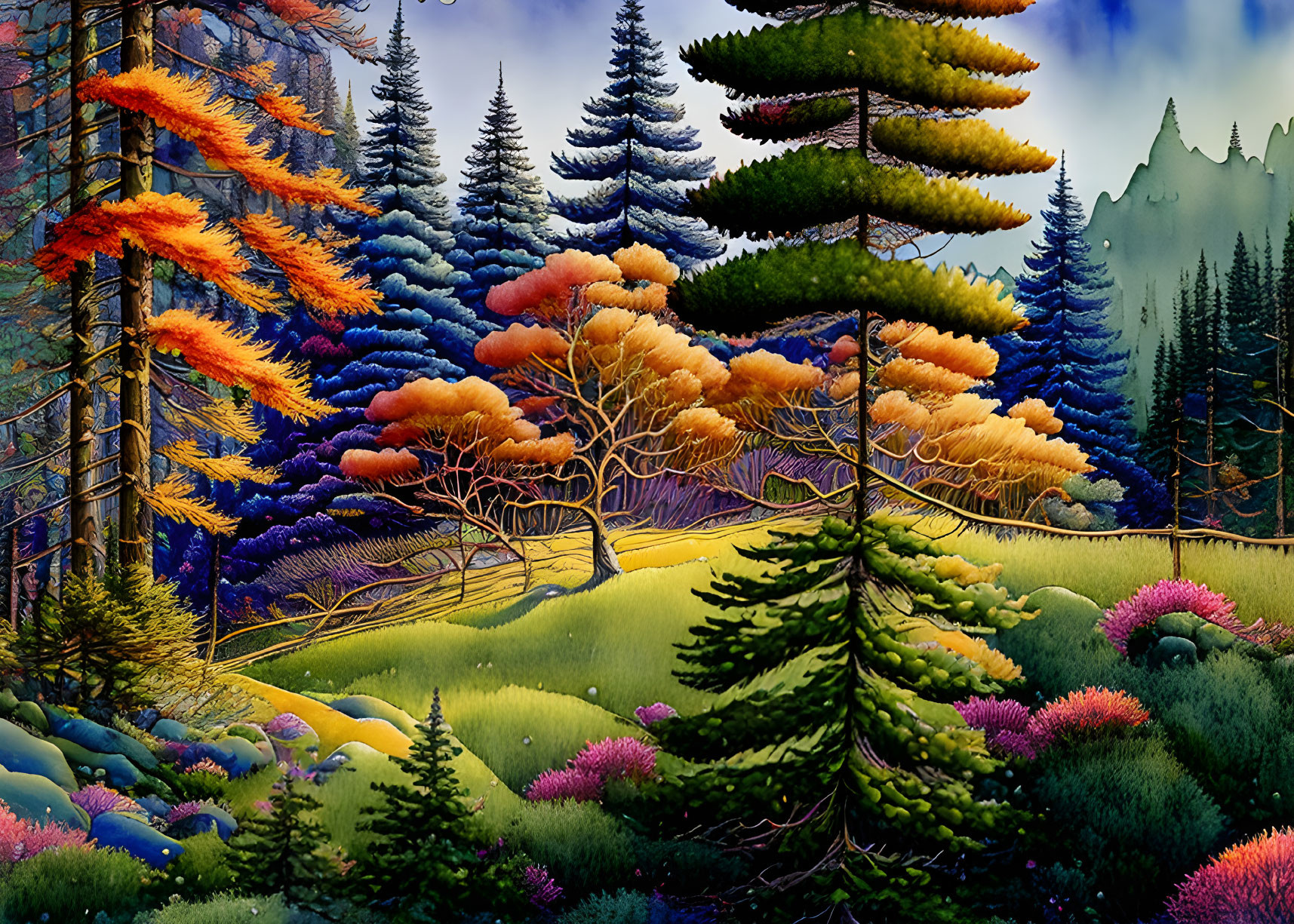 Colorful landscape with vibrant trees, bushes, meadow, and mountains