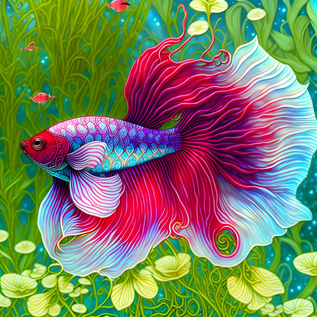 Colorful Betta Fish Illustration with Elaborate Fins in Pink and Blue