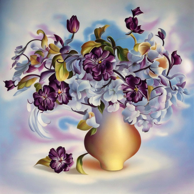 Colorful painting of purple and white flowers in golden vase on gradient backdrop