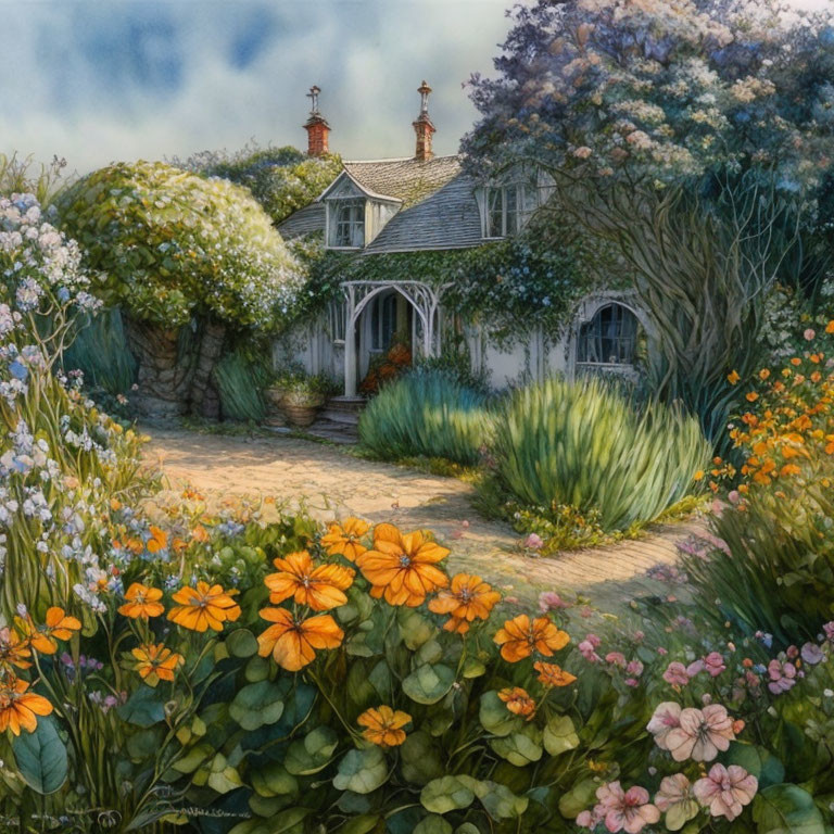 Charming cottage in lush garden with blooming flowers