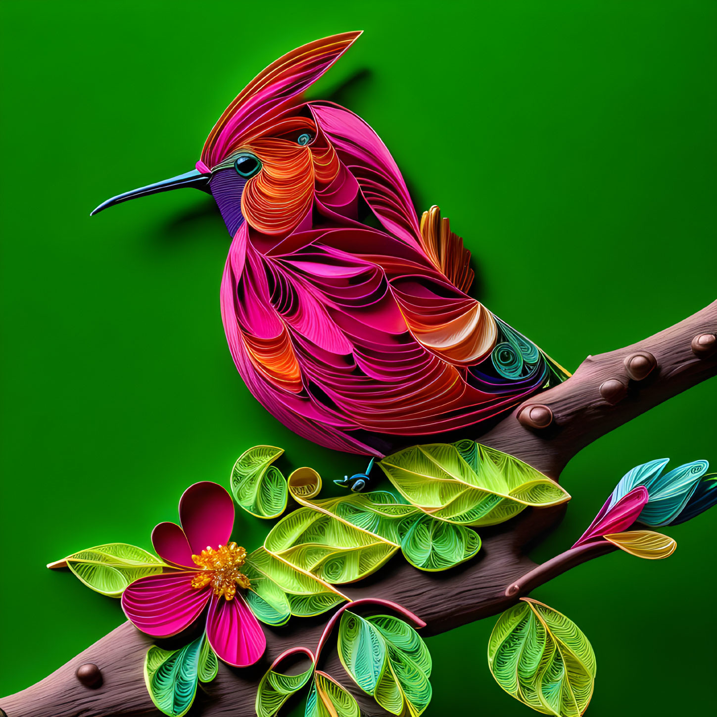 Vibrant bird paper quilling art on branch with leaves and flowers