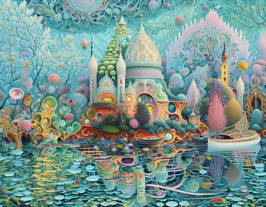 Colorful surreal artwork of onion-domed building in reflective water