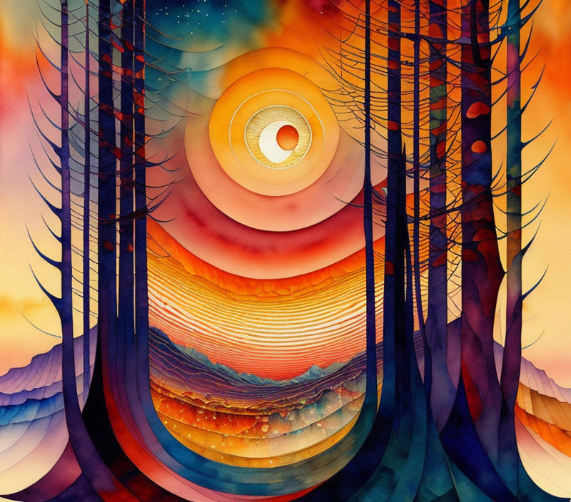 Colorful Watercolor Painting of Stylized Sunset with Silhouetted Trees