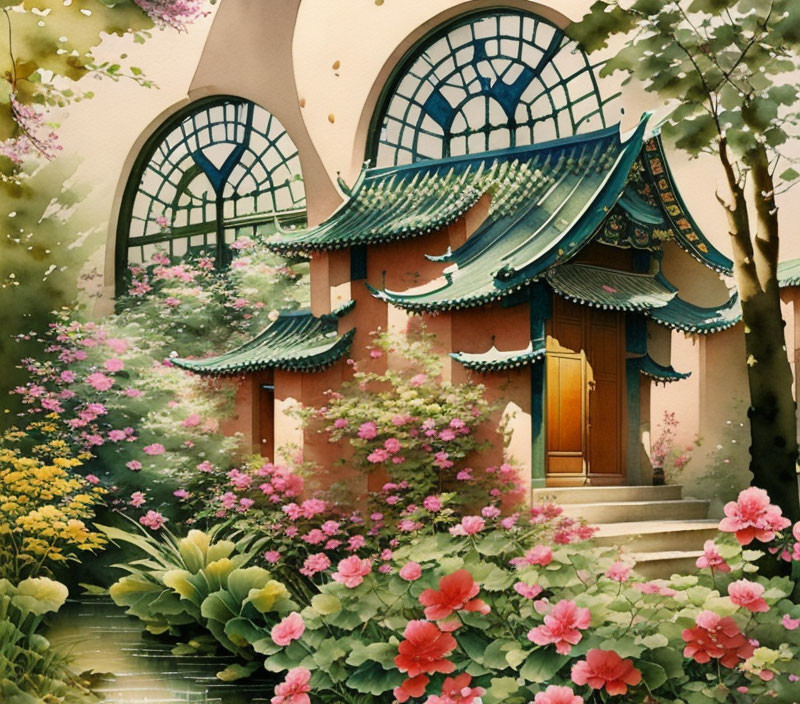 Asian-style Pavilion Surrounded by Lush Greenery and Flowers