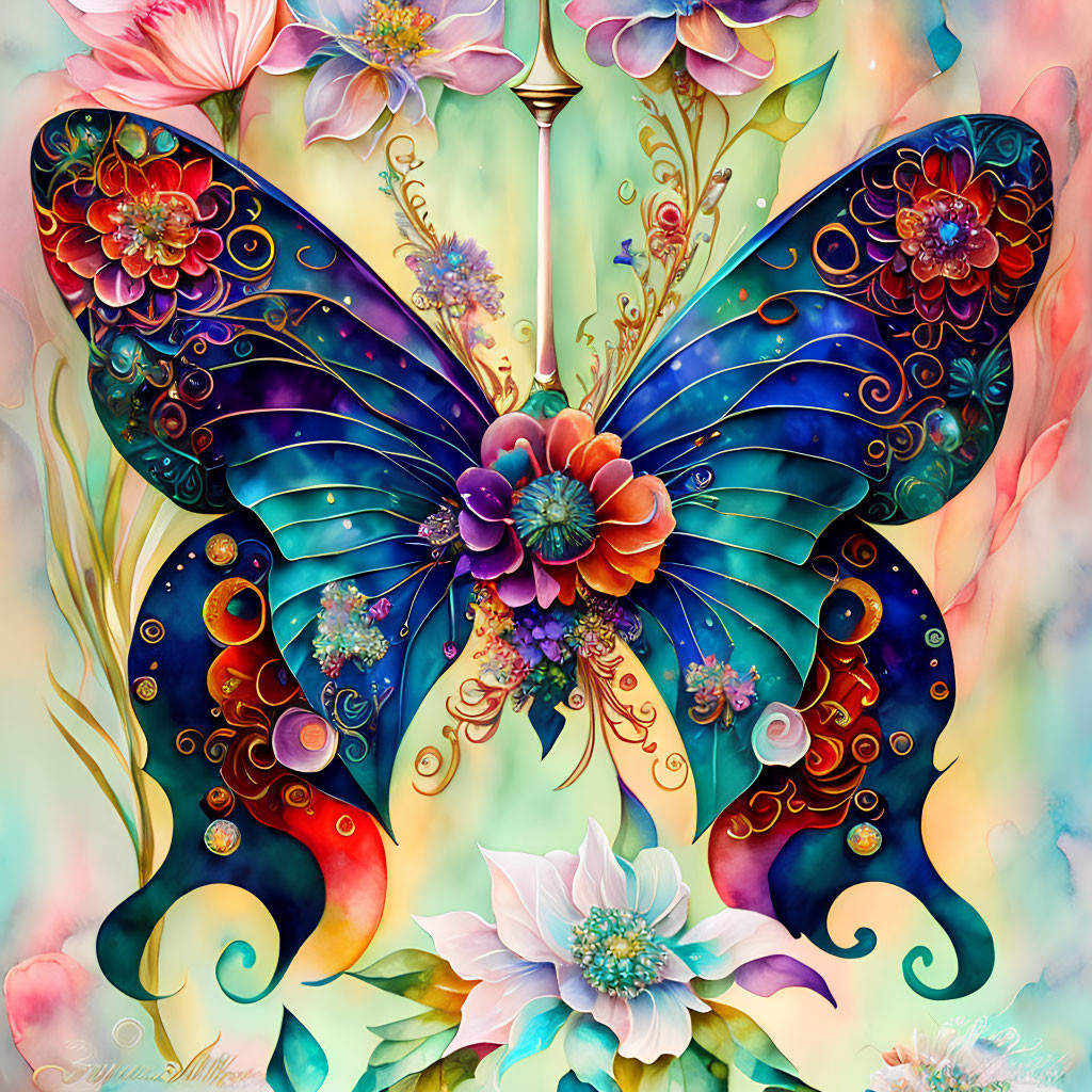 Colorful Butterfly Painting with Floral and Jewel Details on Pastel Background