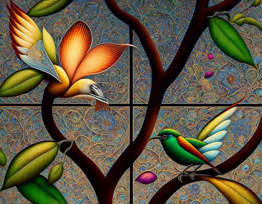 Colorful Birds Perched on Tree Branches in Stylized Art