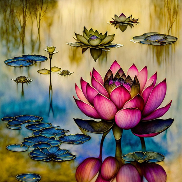 Colorful painting: Lotus flowers, lily pads, tranquil water, tree reflection