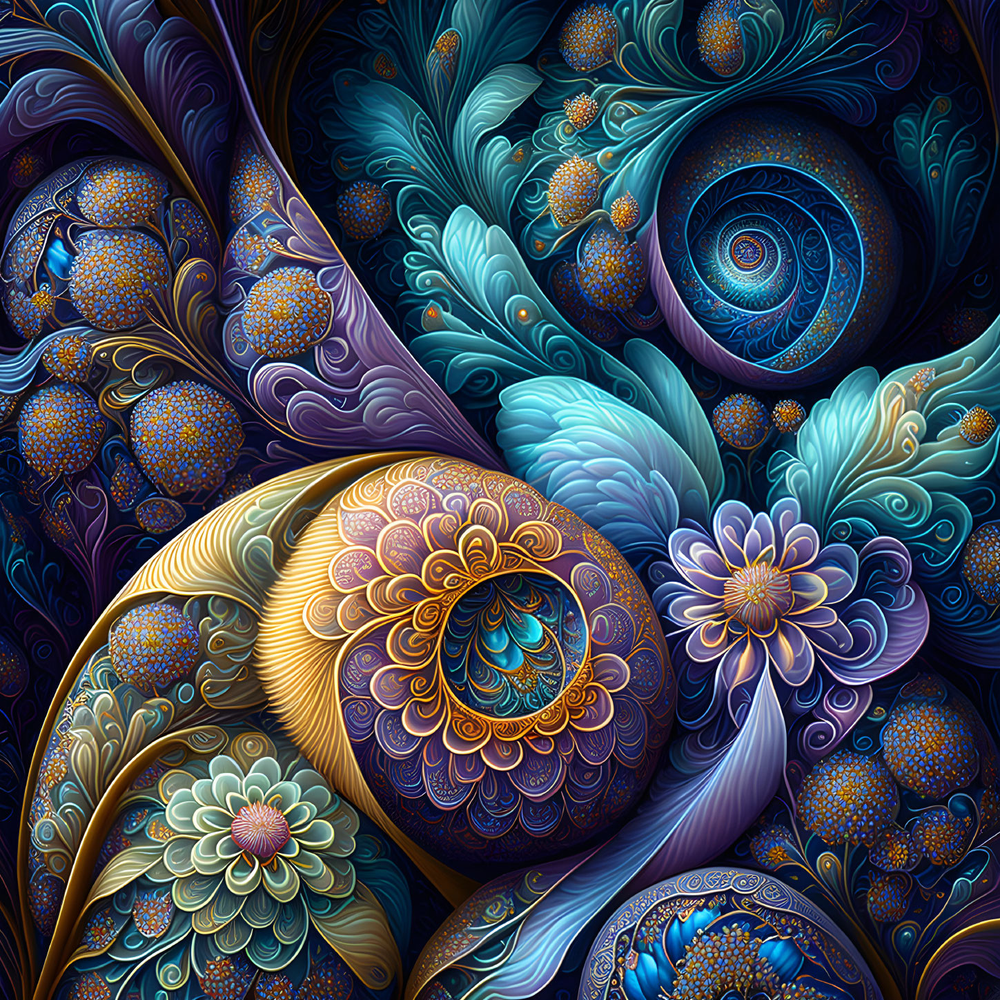 Vibrant blue and gold digital artwork with swirling patterns and floral motifs