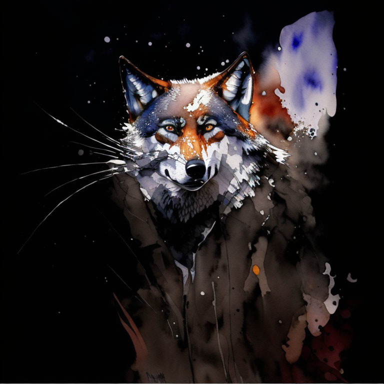 Fox Watercolor Painting: Intense Eyes in Abstract Background