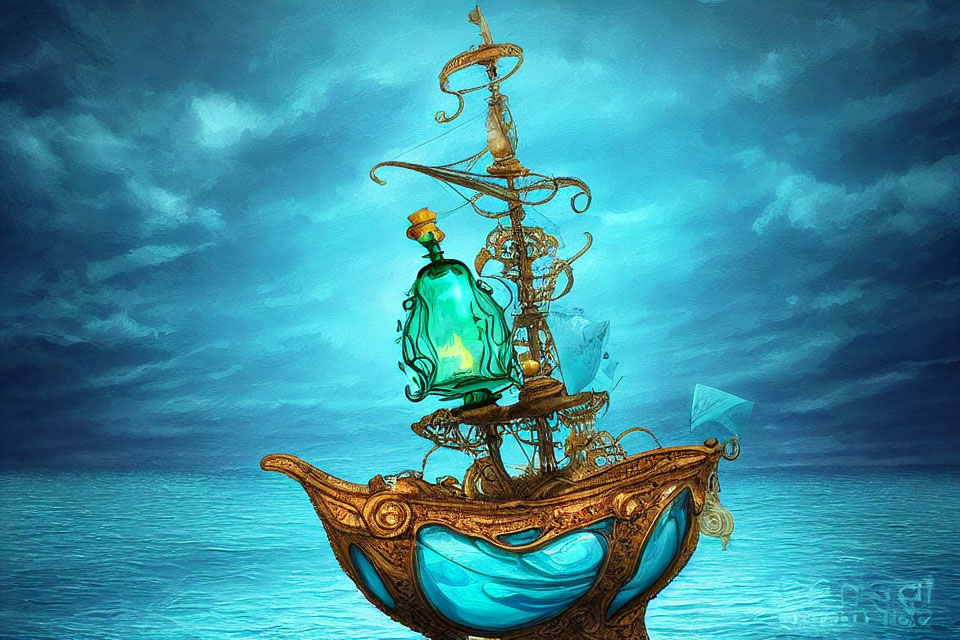 Ornate golden ship with green bottle on blue ocean under cloudy sky