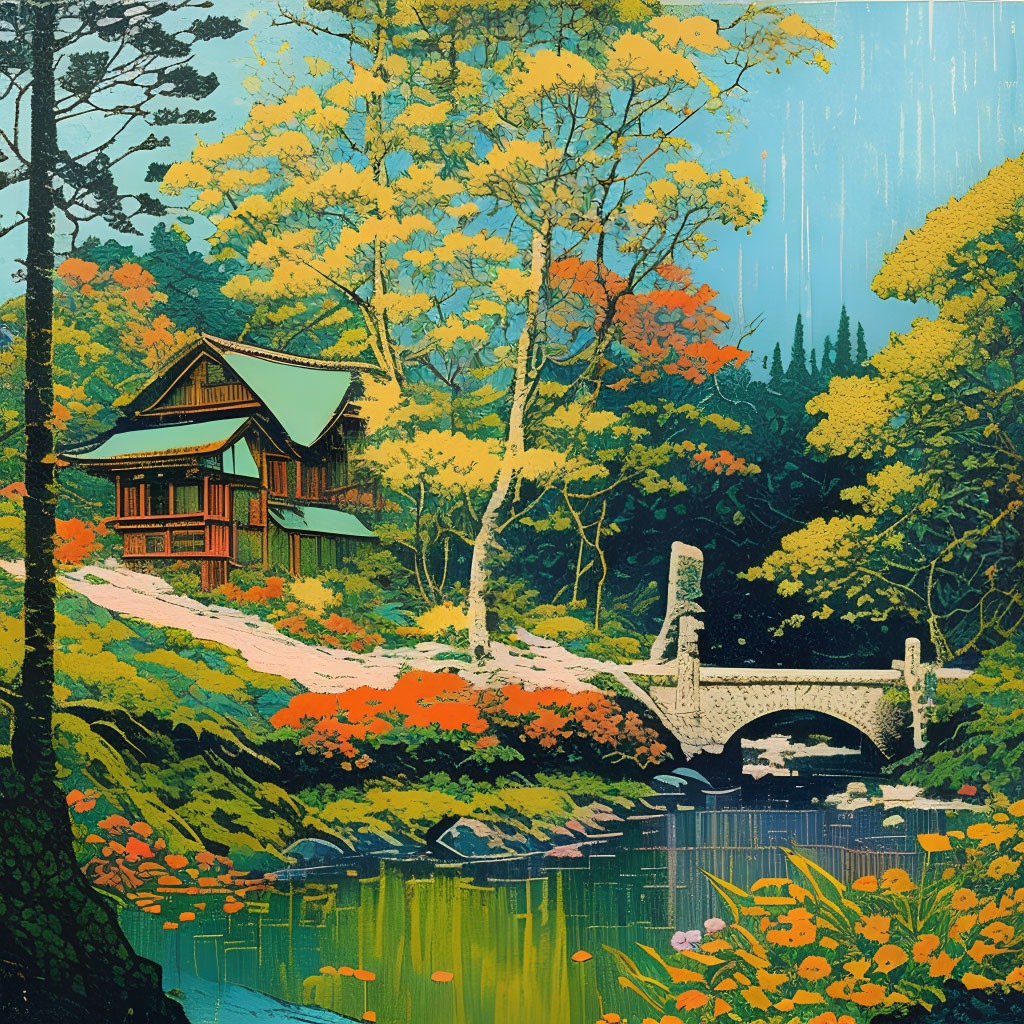 Traditional Japanese house in autumn forest near pond with stone bridge