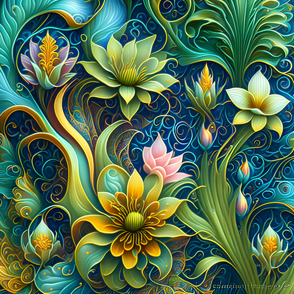 Colorful Digital Art Featuring Stylized Flowers and Foliage