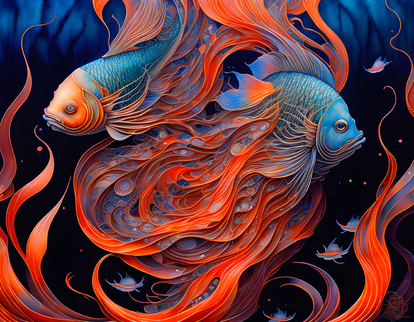 Colorful Fish Illustration with Orange Patterns on Dark Blue Background