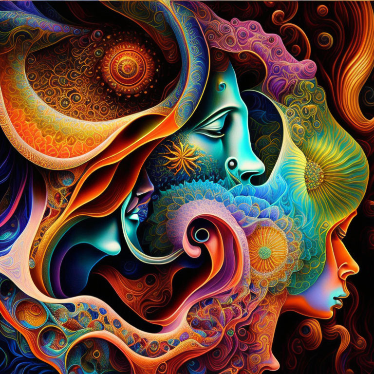 Colorful Psychedelic Artwork with Entwined Human Profiles and Celestial Symbols