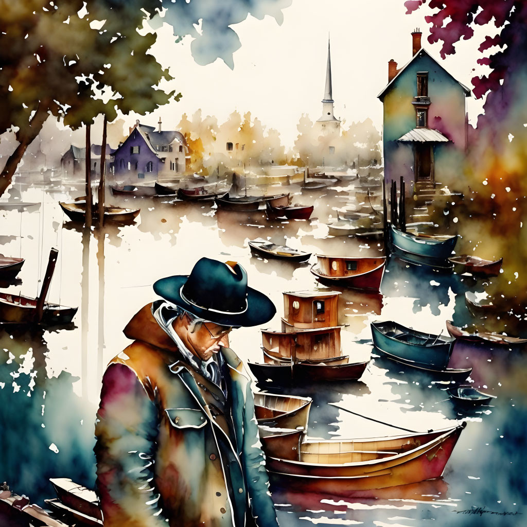 Solemn man in hat by harbor with boats and autumn scenery