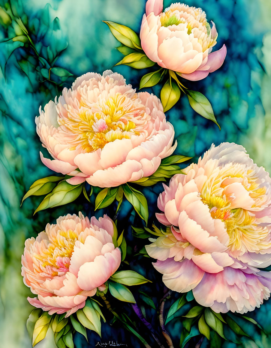 Colorful painting of pink and yellow peonies on teal backdrop