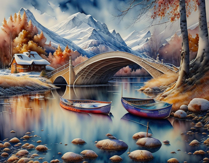 Tranquil autumn landscape with cabin, bridge, lake, boats, colorful trees, and mountains