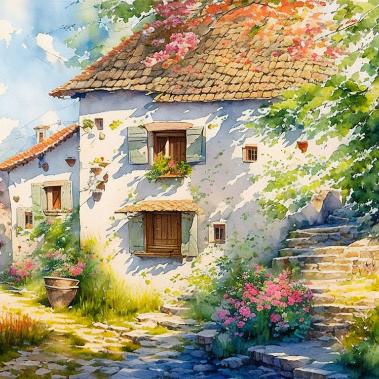 Watercolor painting of quaint stone house in lush greenery