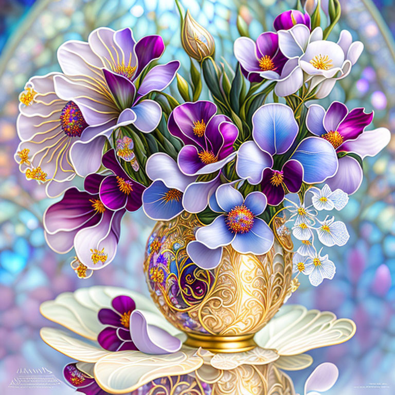 Multicolored Flowers in Golden Vase on Mosaic Background