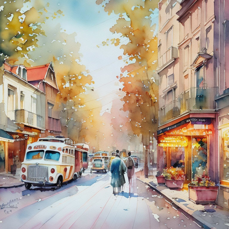 Colorful Watercolor Painting of Sunny Street Scene with Vintage Buses, Shops, Autumn Trees, and