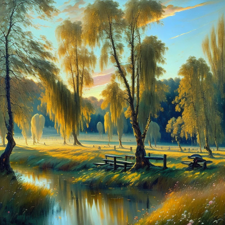 Tranquil river landscape with weeping willows and wooden bridge at sunrise.