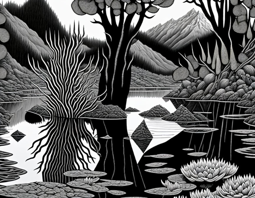 Surreal monochrome landscape with distorted tree reflection, geometric shapes, and patterned flora