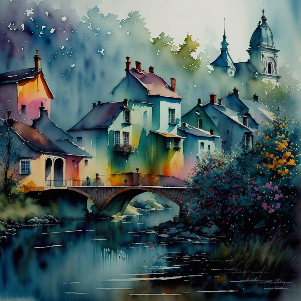 Colorful Watercolor Painting of Quaint Village Scene