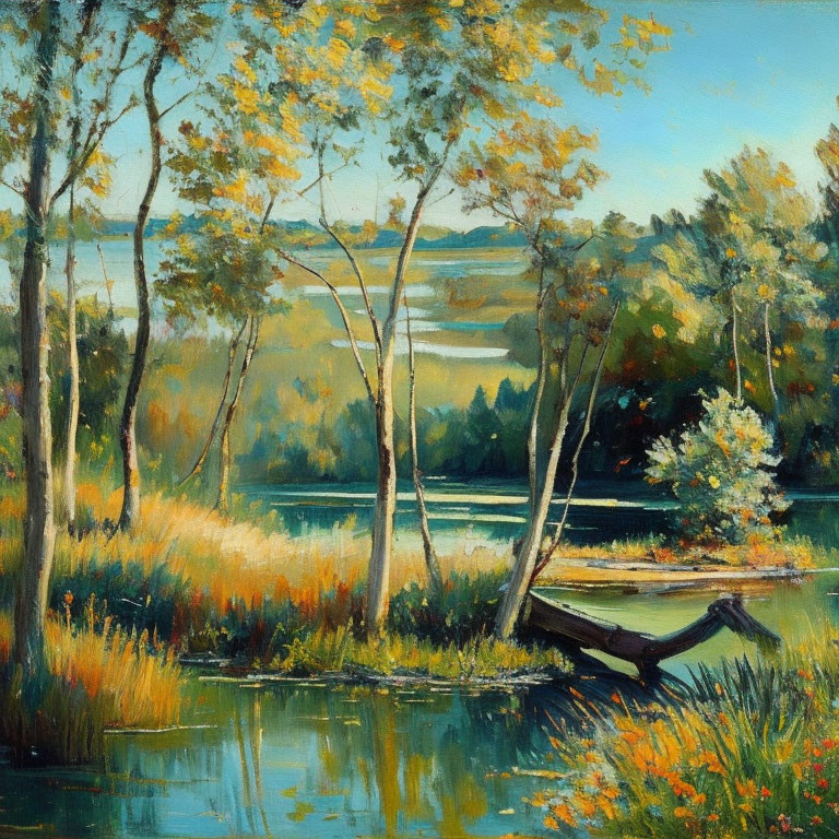 Tranquil landscape painting of serene lake and lush greenery