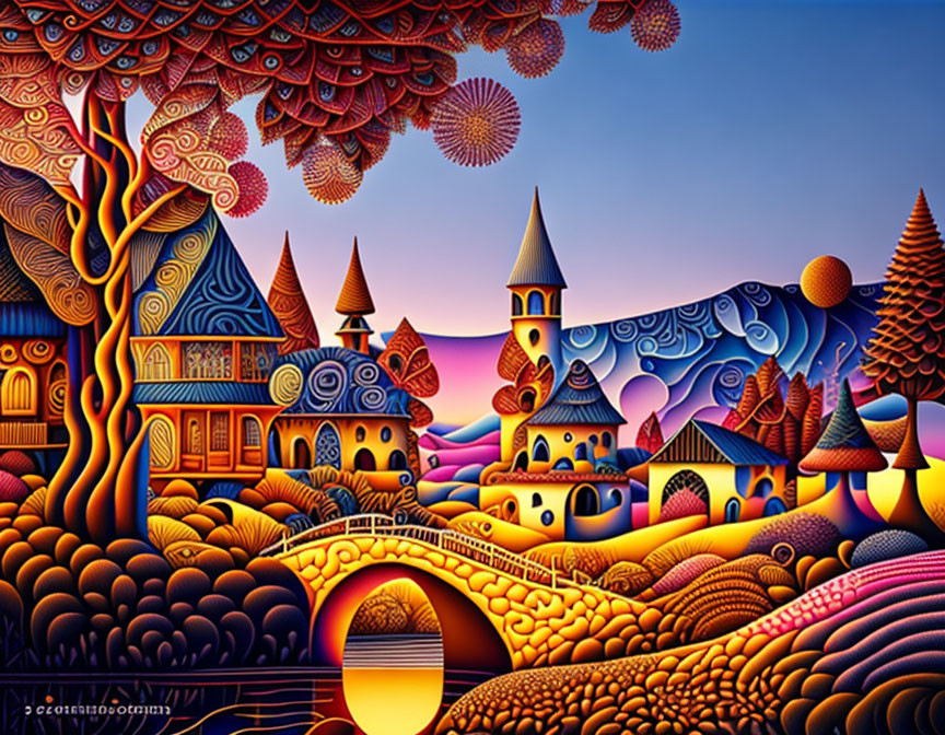 Colorful village with castle in surreal landscape under starry sky