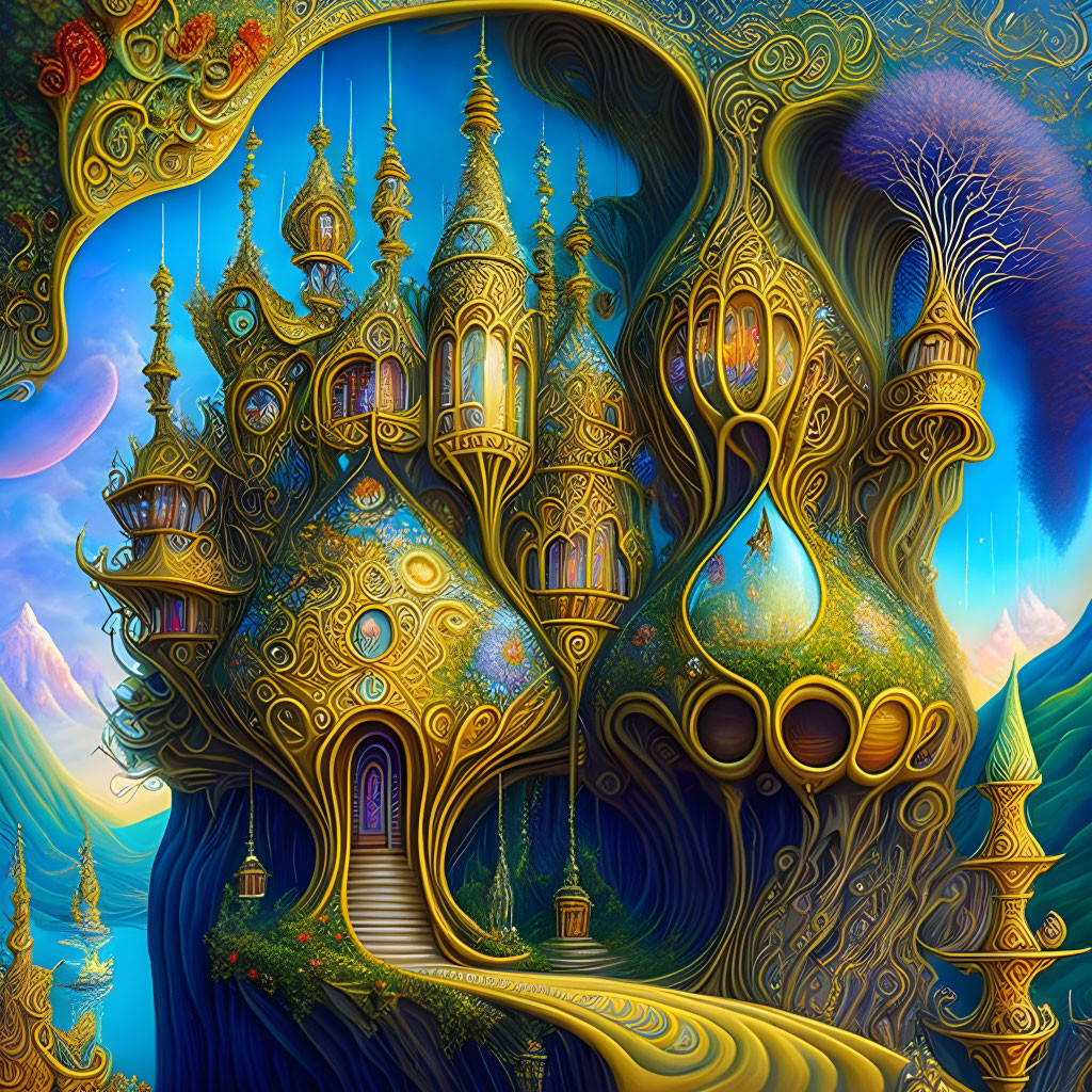 Intricate golden fantasy artwork with mountain backdrop