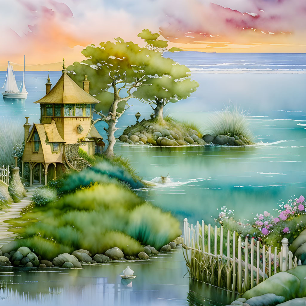 Tranquil fantasy landscape: house on island, lush greenery, serene water, sailboats,