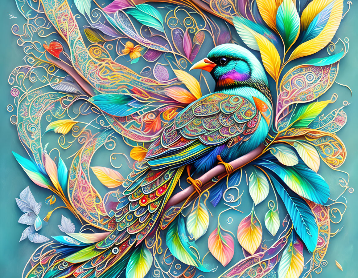 Vibrant bird illustration with intricate feathers on teal background