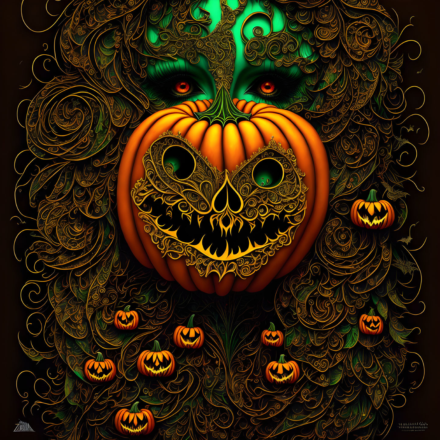 Detailed Ornate Pumpkin Illustration with Menacing Face and Intricate Patterns