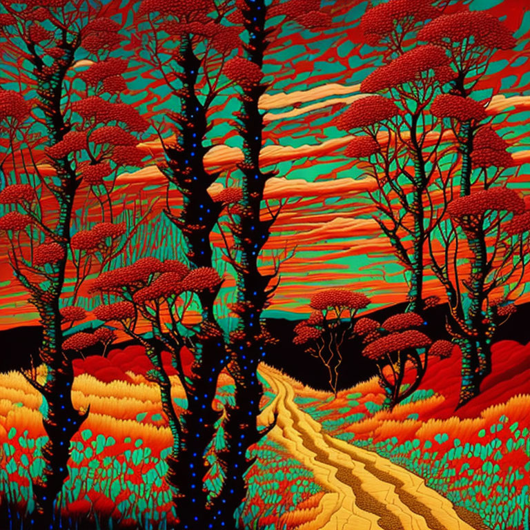 Colorful Forest Landscape with Red-Leafed Trees and Striped Sky