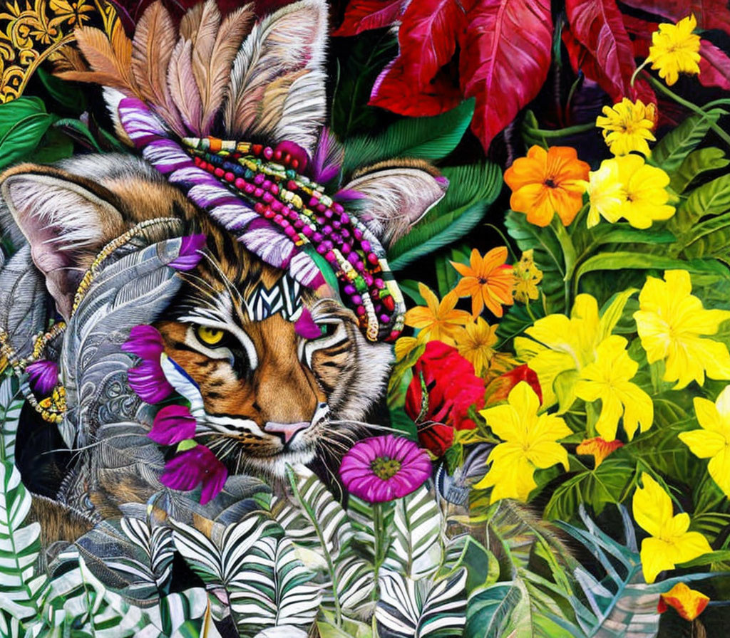 Colorful Tiger Face Artwork with Floral Fusion