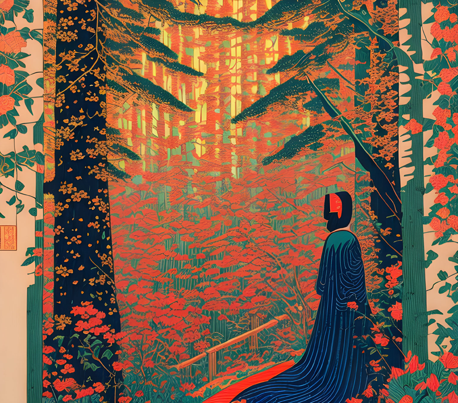 Illustration of person in blue robe by floral border, gazing at golden forest.