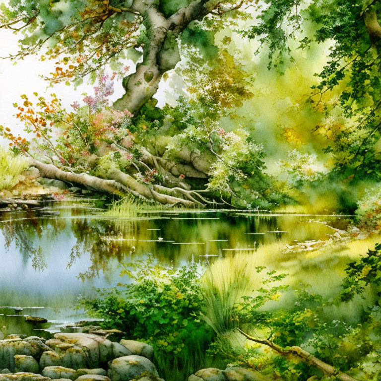 Tranquil watercolor painting of serene pond with lush greenery