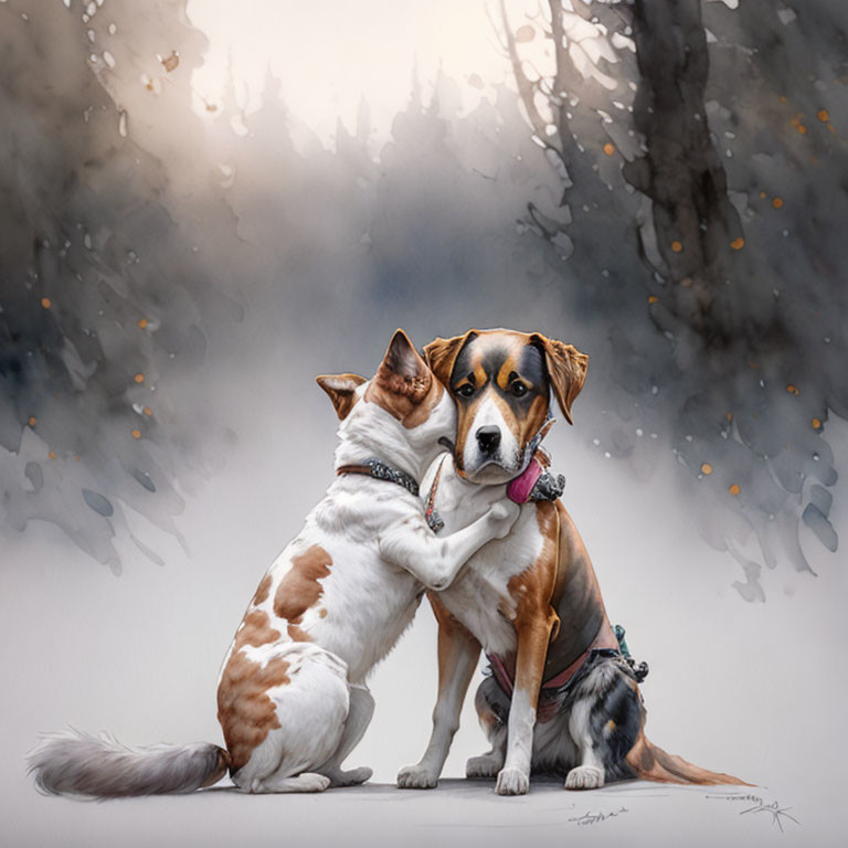 Affectionate dogs embrace in misty forest