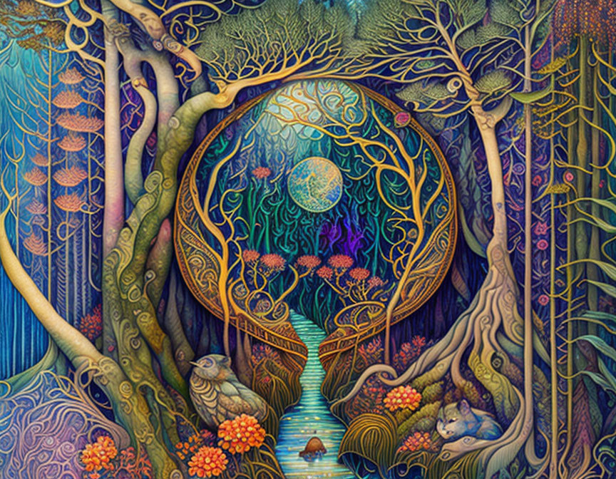 Fantastical forest scene with intricate trees, moon, stars, owl, mouse, colorful foliage,