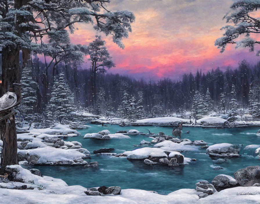 Snow-covered forest and river at dusk with pink and purple sky