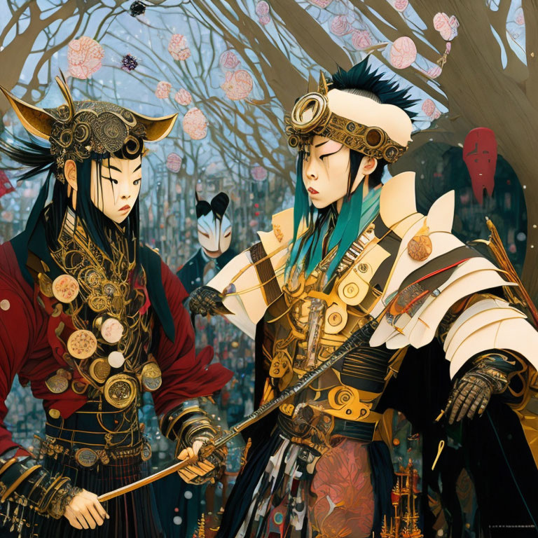 Stylized characters in traditional armor amid cherry blossoms and masked figures