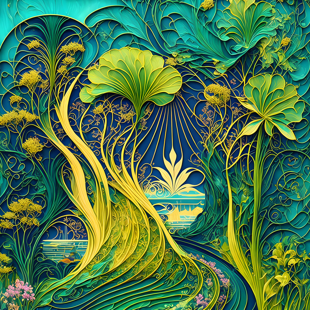 Colorful digital art: Intricate floral and botanical patterns in green, teal, and yellow