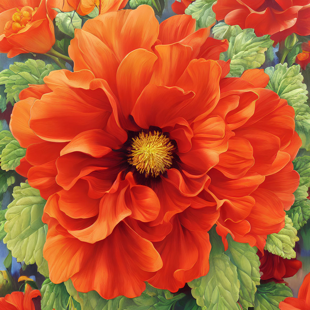 Close-up of Large Red-Orange Flower with Yellow Center