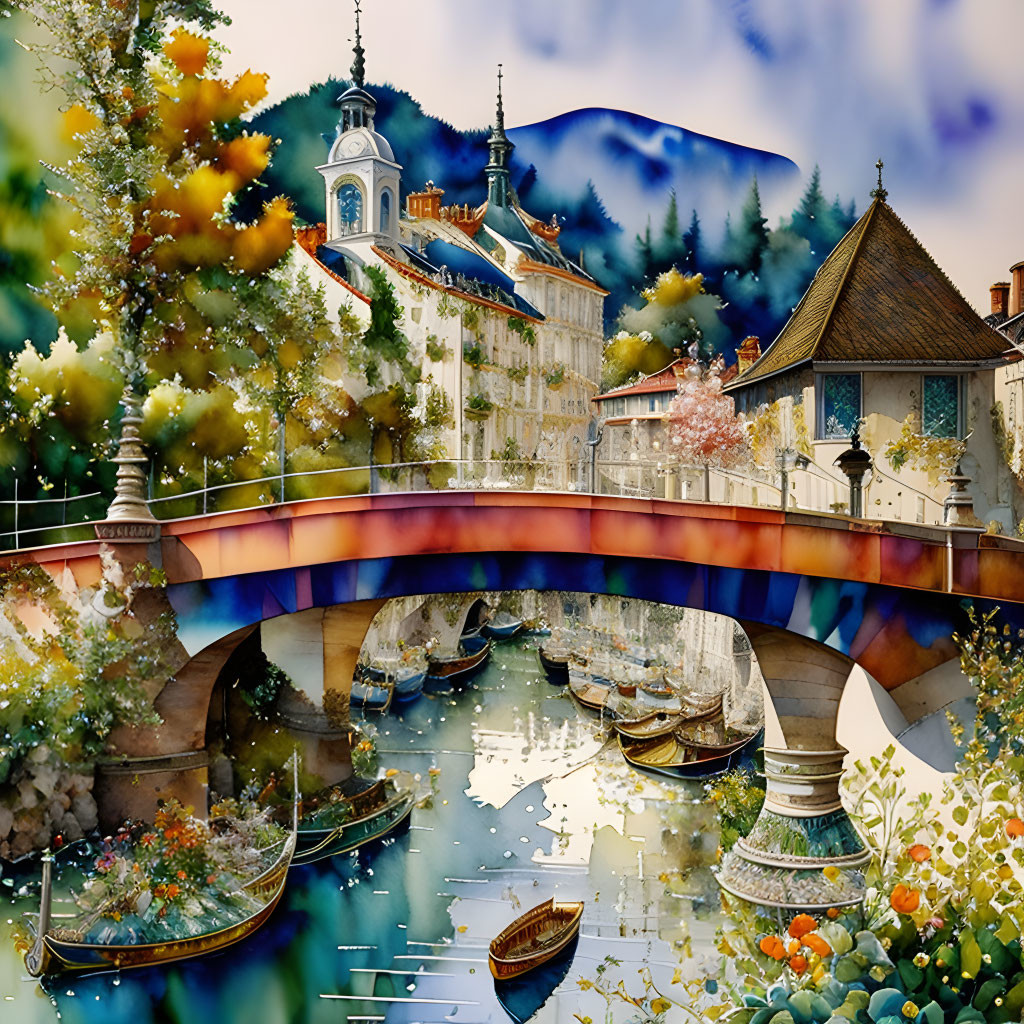 Colorful collage of bridge, boats, buildings, and floral patterns