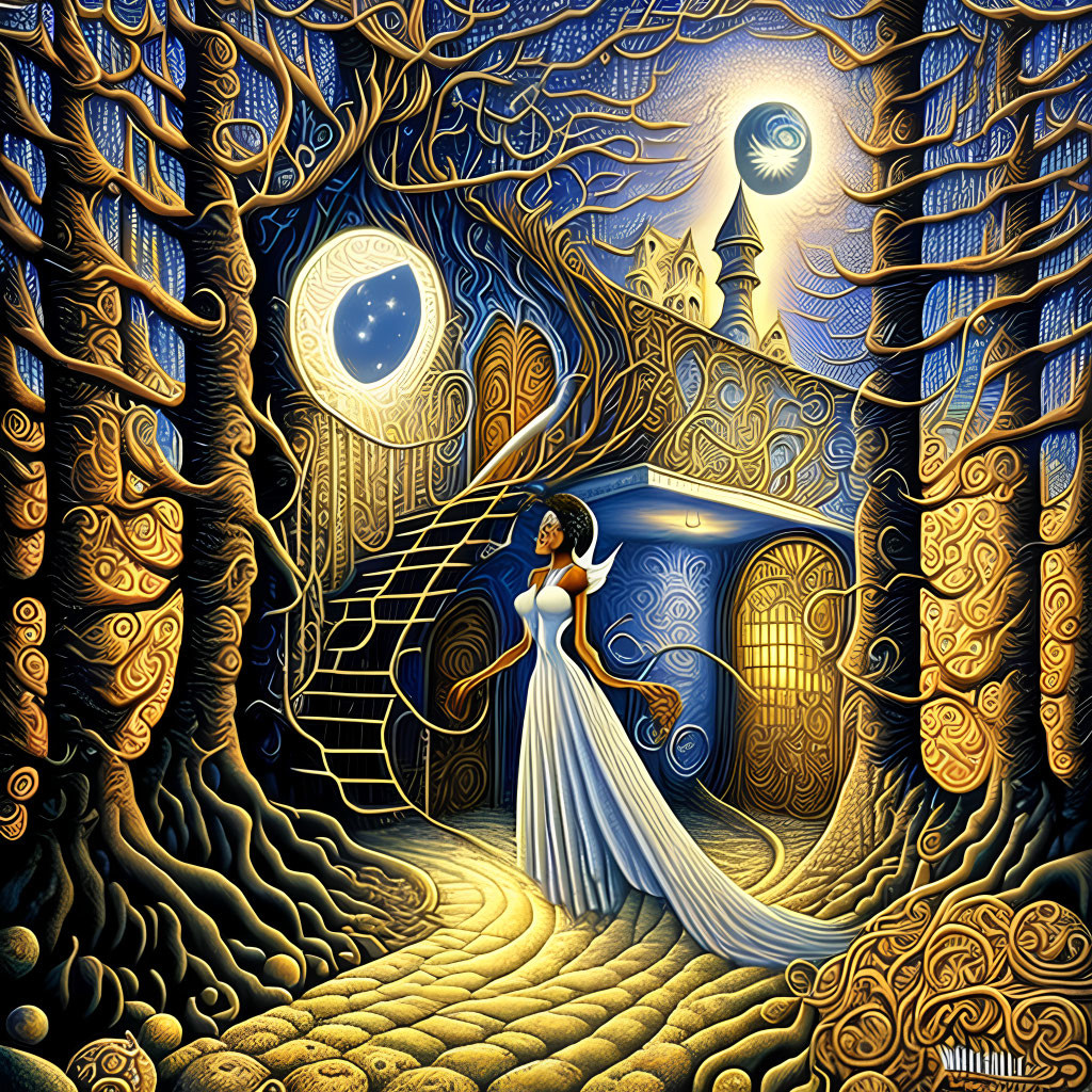 Stylized painting of woman by golden gate under starry sky