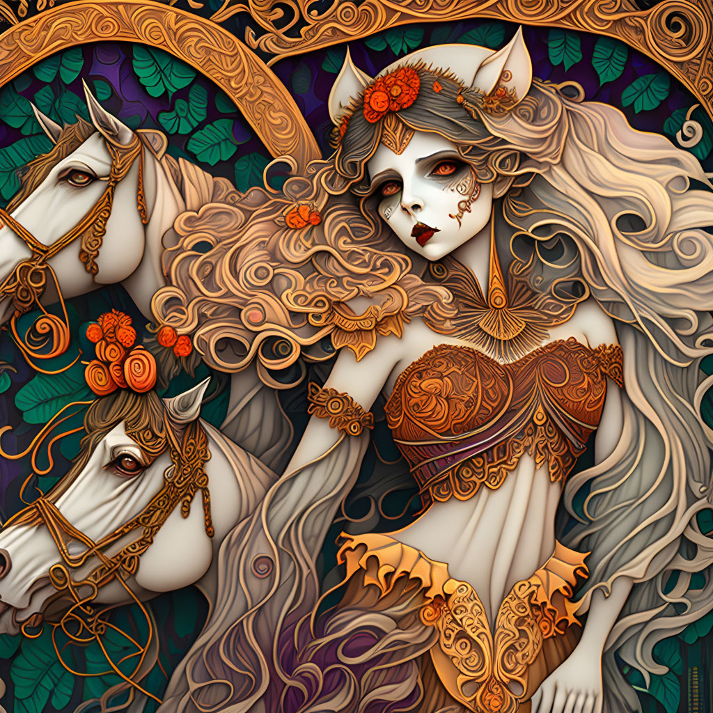 Fantasy artwork of woman with fox features and horses in stylized setting