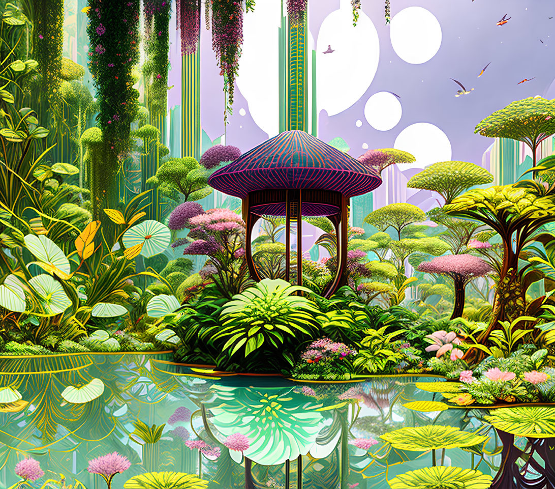 Fantastical garden with reflective pond, purple gazebo, and multiple moons