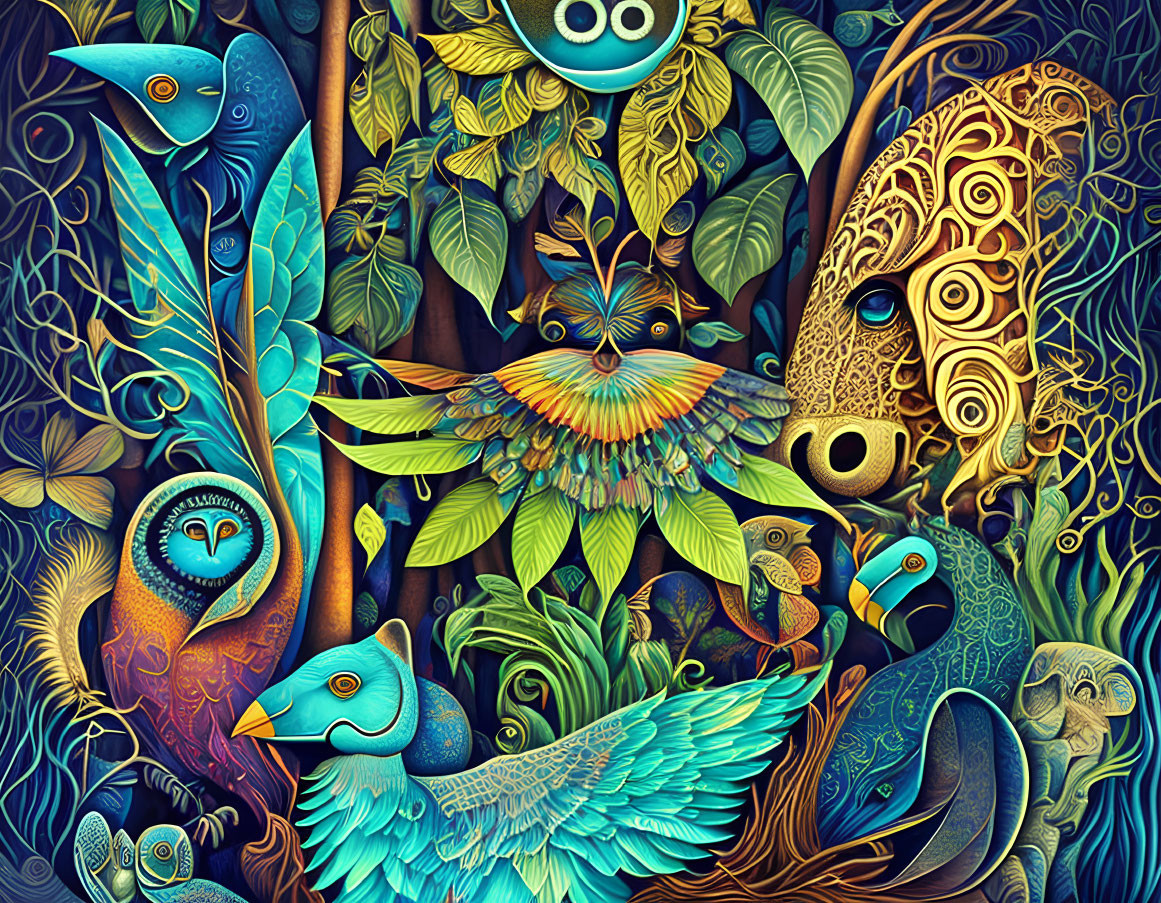 Whimsical animal and bird artwork in lush, leafy setting