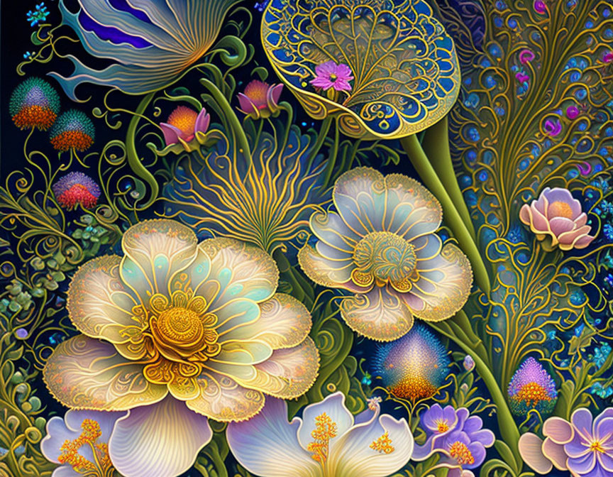 Colorful Stylized Floral Artwork with Ornate Patterns on Dark Background