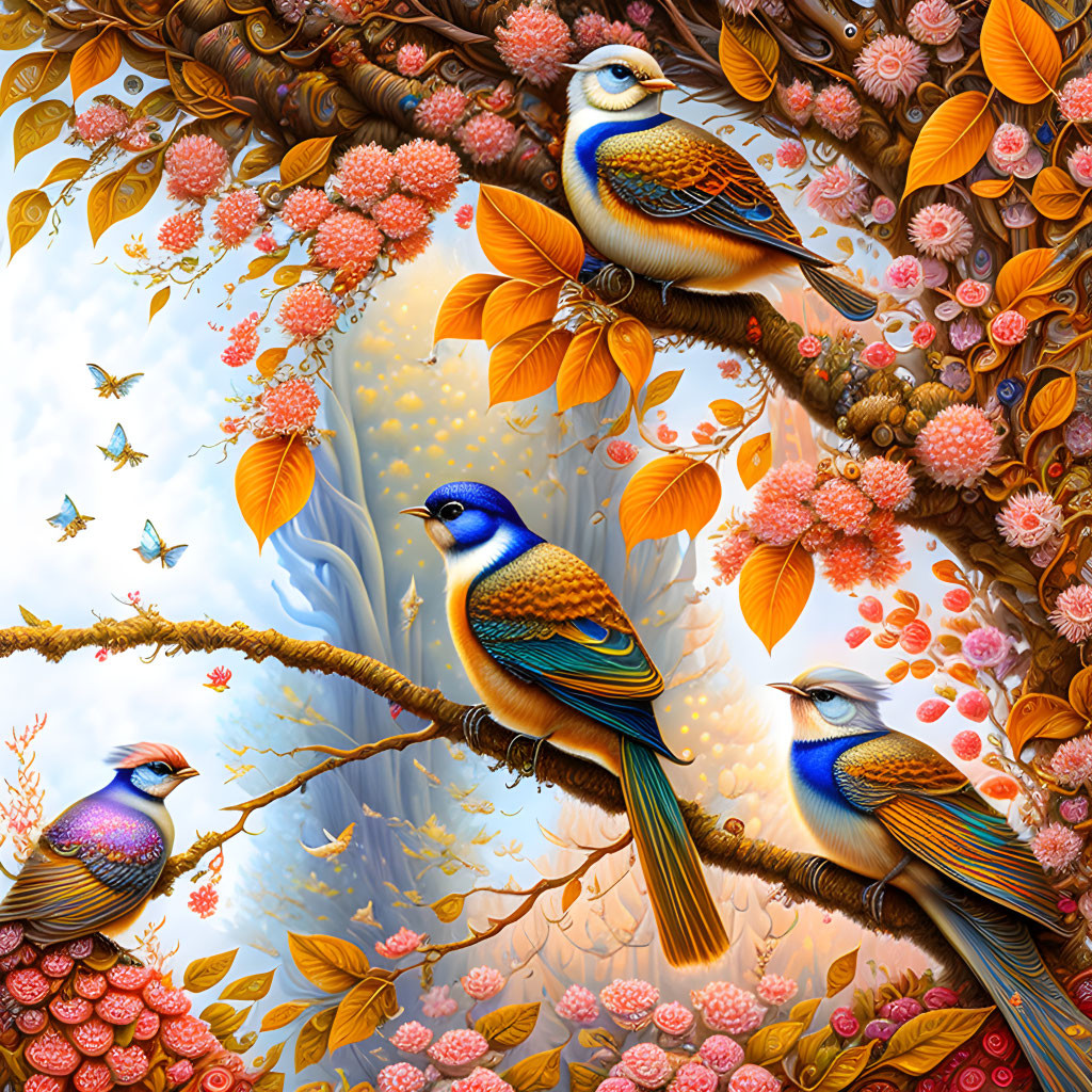 Colorful Birds on Branches with Flowers, Butterflies, and Waterfall